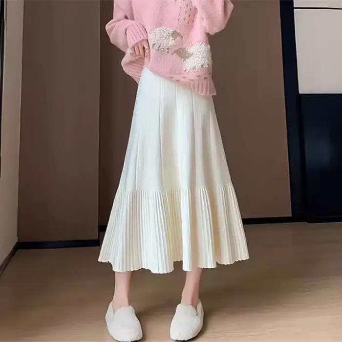 Jupe plissée tricotée taille haute tendance pour femme, nouvelle collection automne-hiver, décontractée et amincissante, coupe trapèze