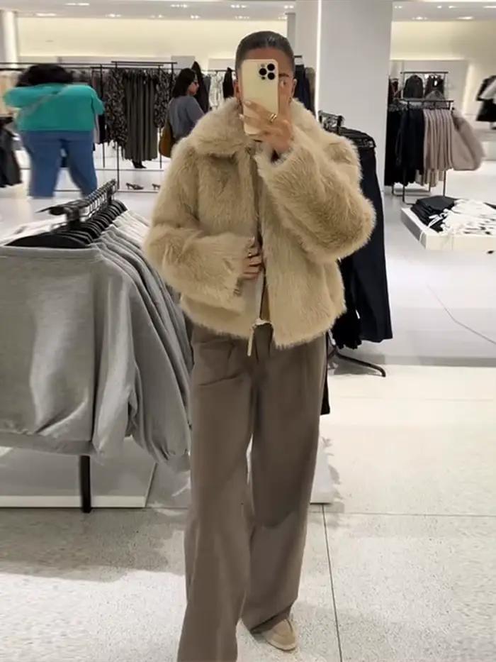 Chic Double face fourrure veste femme revers couleur unie fermeture éclair manches longues manteau droit décontracté polyvalent femmes nouvelles vestes chaudes