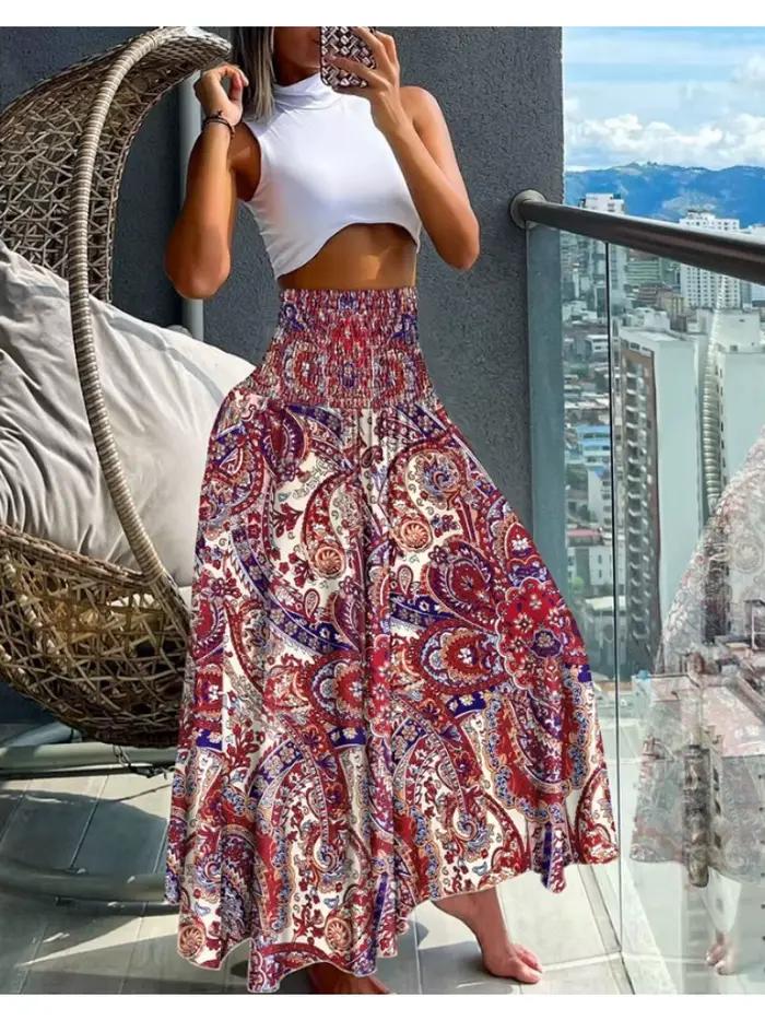 Grande taille femmes mode imprimé fleuri plis bohème élastique