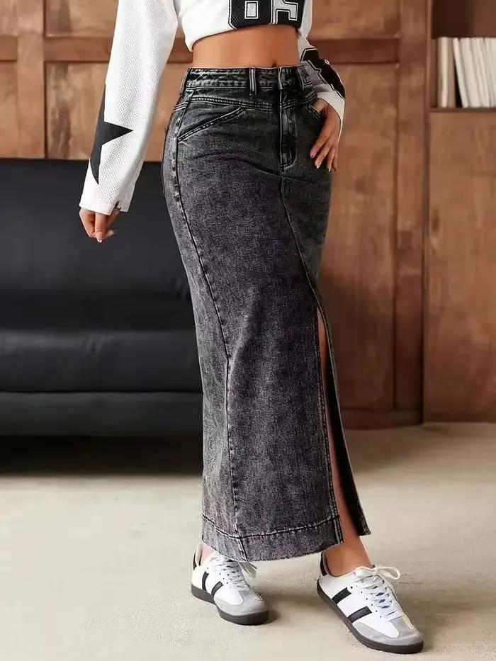 Jupe en jean gris taille haute fendue sur le devant pour femme