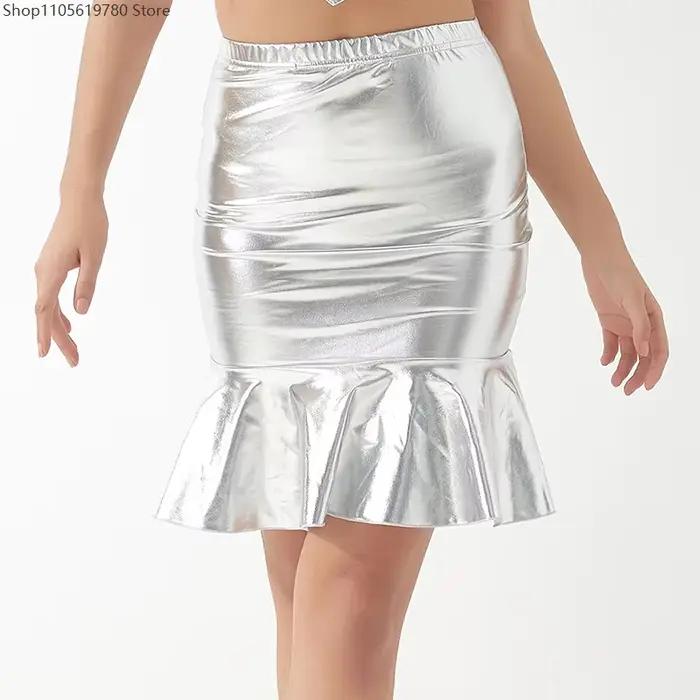 Jupes crayon pour femmes, style clubwear, en cuir verni brillant métallisé, avec ourlet à volants, coupe sirène, pour cocktails, soirées, raves et carnaval