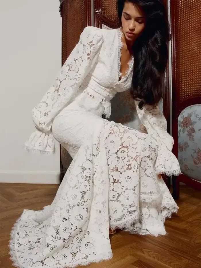 Ensemble jupe longue en dentelle blanche patchwork et haut court slim à manches évasées pour femme occasions spéciales printemps été