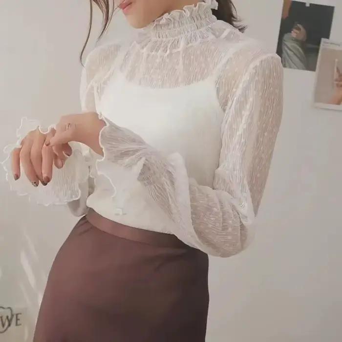 Femmes Sexy à manches longues voir à travers maille T-Shirts Transparent dentelle Blouse hauts