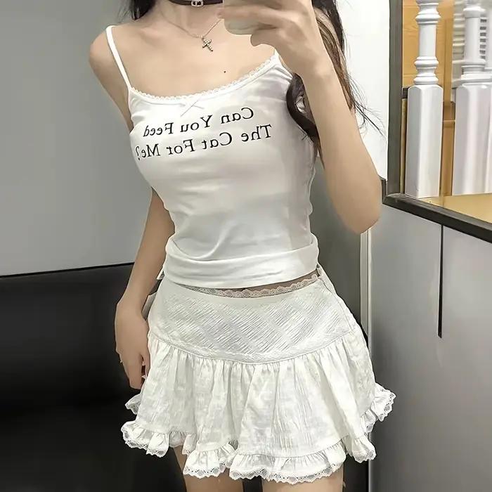Jupe mini à volants avec bordure en dentelle polyester pour femmes adolescentes style hotsweet y2k goth occassions printemps été
