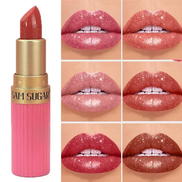 Rouge à lèvres nacré diamant, 6 couleurs, paillettes métalliques brillantes, teinte longue durée, Nude, scintillant, brillant, maquillage