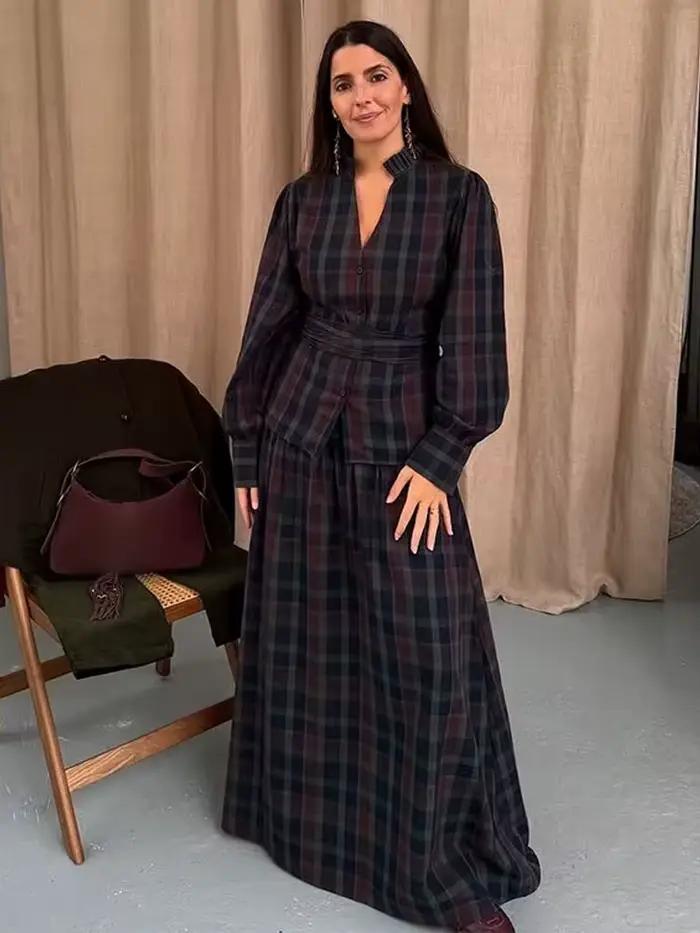 HH femme jupe costume mode Plaid manches longues simple boutonnage col en V chemise hauts + Chic taille haute fermeture