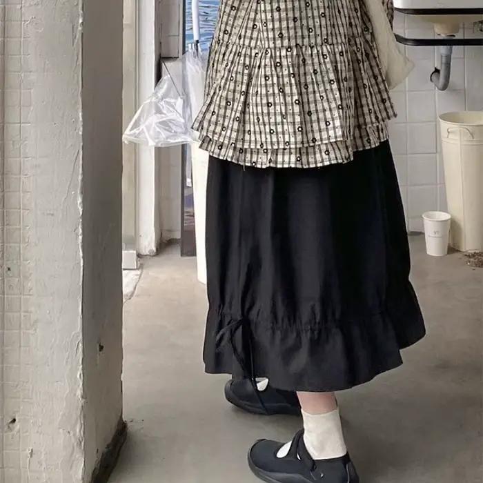 Jupe noire plissée à volants, Style fille Mori japonais, Vintage, Simple, douce Kawaii, ligne a, taille élastique, marron, longue pour femmes