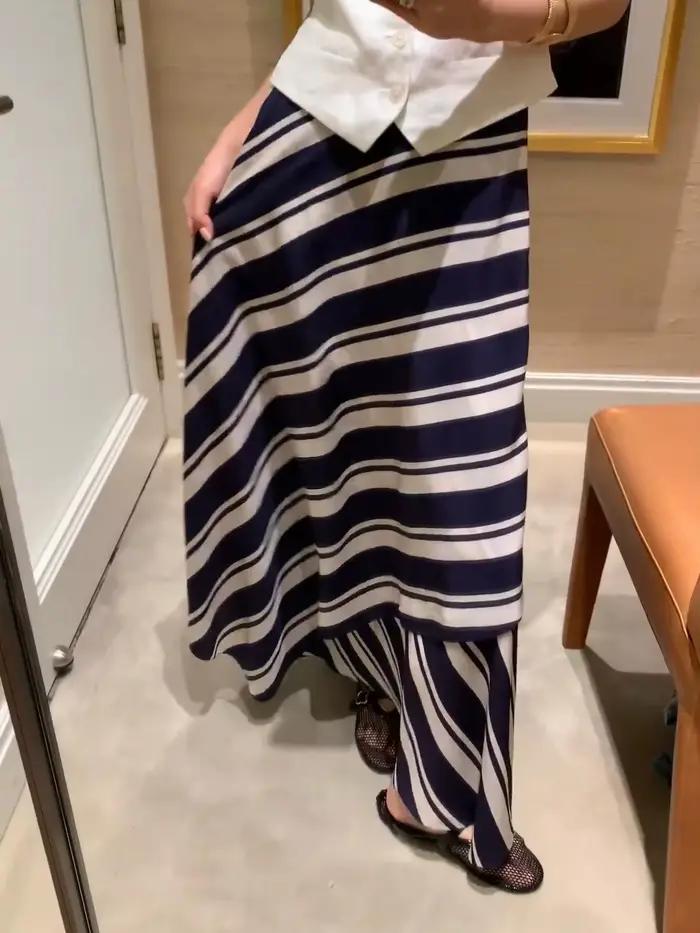 Jupe mi-longue irrégulière à rayures bleues pour femmes, été