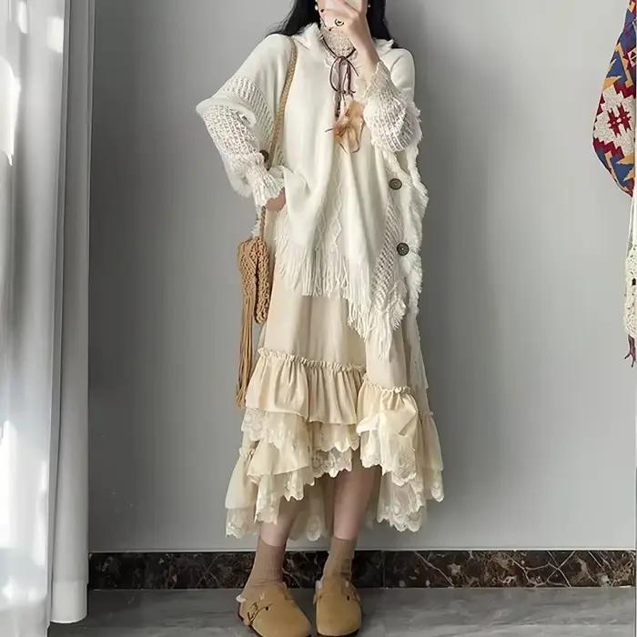 Jupes longues en dentelle à volants irréguliers vintage élégantes pour femmes automne hiver ligne a epaisse Y2K Mori filles