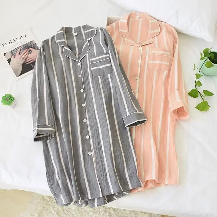 Chemises de nuit mi-longues en coton pour femmes, chemises de nuit mi-longues à rayures pour la maison, longueur aux genoux, nouvelle collection printemps et été 2026