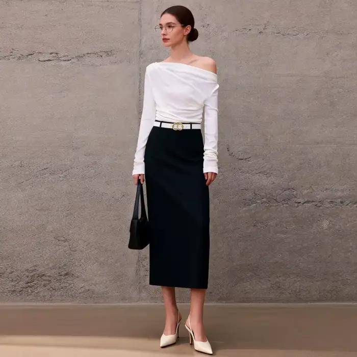Jupes Midi Droites Élégantes Blanches Taille Haute pour Femmes 2026 Nouvelle Collection Noire OL Jupe Femme