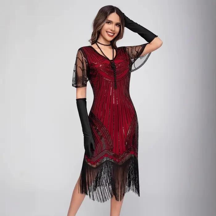 Robe Flapper Gatsby Vintage Années 20 Noire et Or à Paillettes Paon et Franges