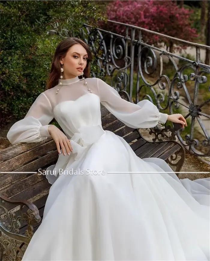Robe de Mariée Deux Pièces Personnalisée à Col Haut et Manches sulf