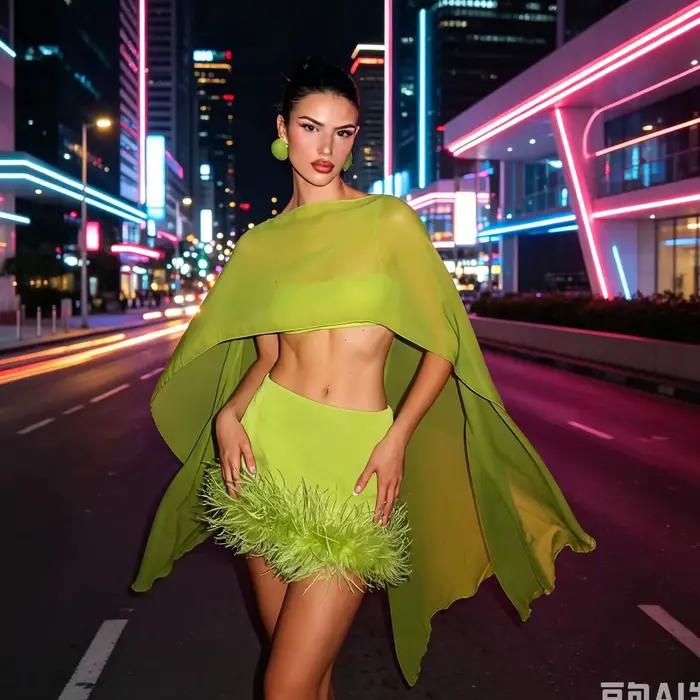 Jupe mini moulante taille haute vert lime avec bordure en plumes pour cocktail
