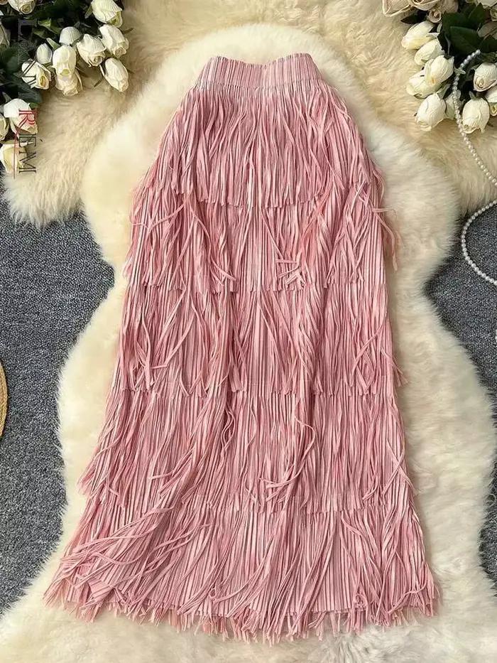 LANMREM jupes à franges femmes mode 2025 printemps été nouvelle taille élastique couleur unie décontracté polyvalent jupe mi-longue 2DE468