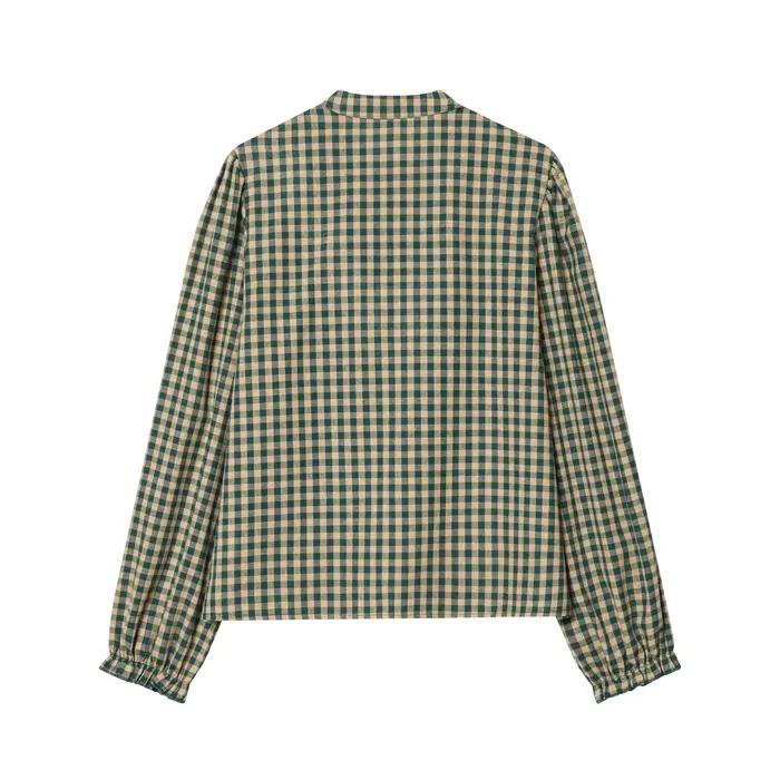 Chemises à carreaux pour femmes, nouvelle collection printemps-automne, chemisier à volants décoratifs, col rond, manches longues, chemises décontractées, chemisiers chics pour femmes