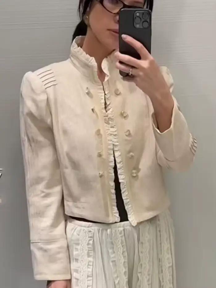 Blazer élégant et stylé pour femme, nouvelle collection 2026, à manches longues, superposé, avec volants décoratifs, coupe ajustée, style vintage, manteau court
