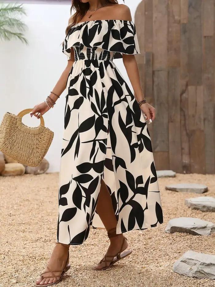 Jupe longue décontractée pour femme, taille haute, avec fente, motif floral végétal, en polyester, idéale pour l'été, les trajets quotidiens et les vacances