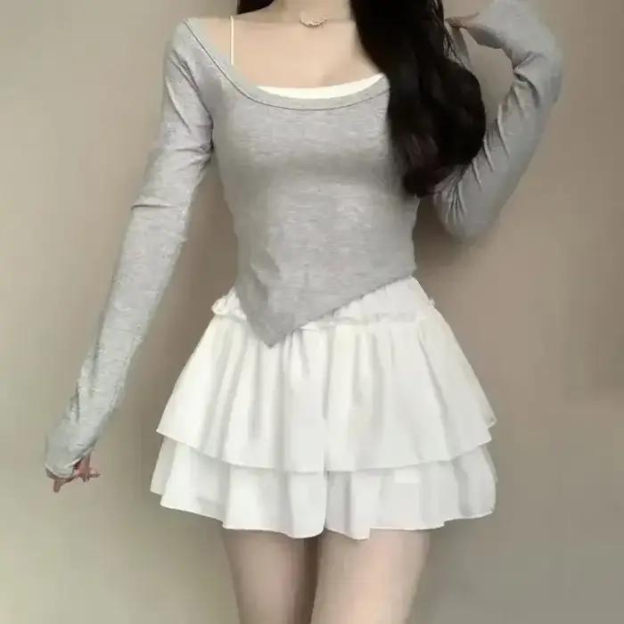 Été Kawaii blanc volants jupe femmes mode coupe ajustée en mousseline de soie Mini jupes Giris Y2k tout Match élastique taille haute noir Faldas