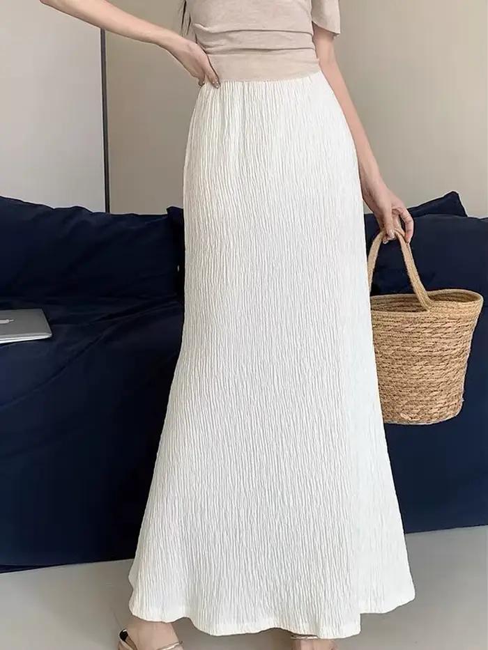 Jupe Femme Blanche Taille Élastique Lin Midi Élégante Formelle Confortable pour le Quotidien Coupe Évasée Nouvelle Collection Printemps 2026 Mode Féminine