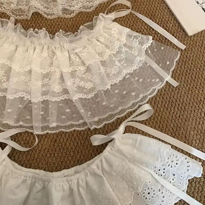 Mini-jupes en dentelle style balletcore coréen, élastiques à volants, courtes, blanches, avec rideau décoratif superposé aux fesses, style jean