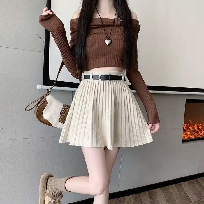 Jupe plissée tricotée pour femme junior automne hiver couleur unie style préppy silhouette une ligne tricoté matière coton polyvalente occassions spéciales