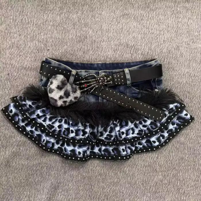 Jupe en jean imprimée léopard noir et blanc vintage Y2K pour femmes