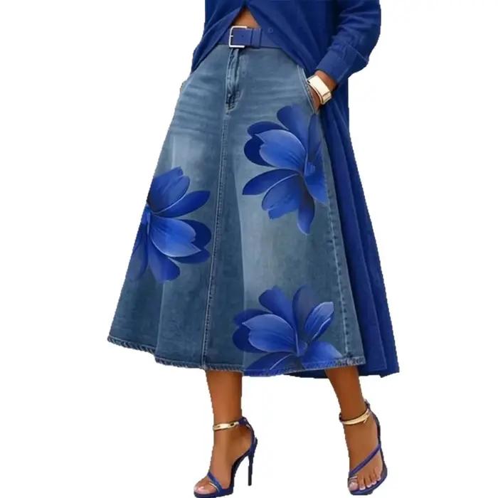 Jupes en jean pour femmes, mi-longues, coupe trapèze, imprimé floral, poches, élégantes, style Y2K, streetwear, décontractées, pour le travail, la plage, délavées, été