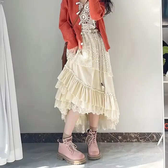 Jupes longues en dentelle à volants irréguliers vintage élégantes pour femmes automne hiver ligne a epaisse Y2K Mori filles