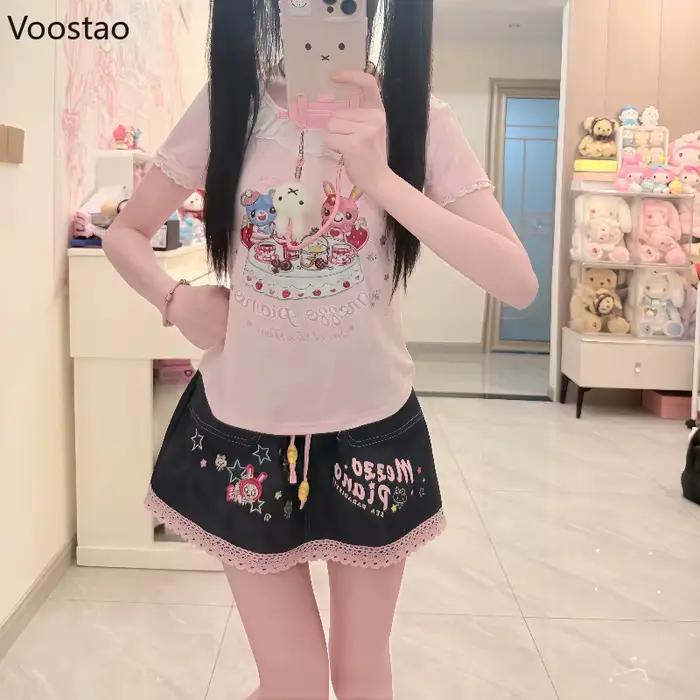 Jupe en jean style Lolita japonais kawaii pour femmes, mini jupe de fête en dentelle, dessin animé doux et mignon, à volants, occassions spéciales printemps été