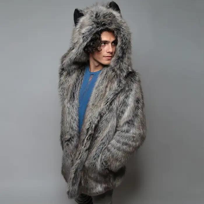 Manteau en fausse fourrure pour hommes, manches longues, capuche, épais et chaud, Cardigan moelleux en peluche, Parka décontractée, vêtements de neige, manteau en fourrure d'hiver