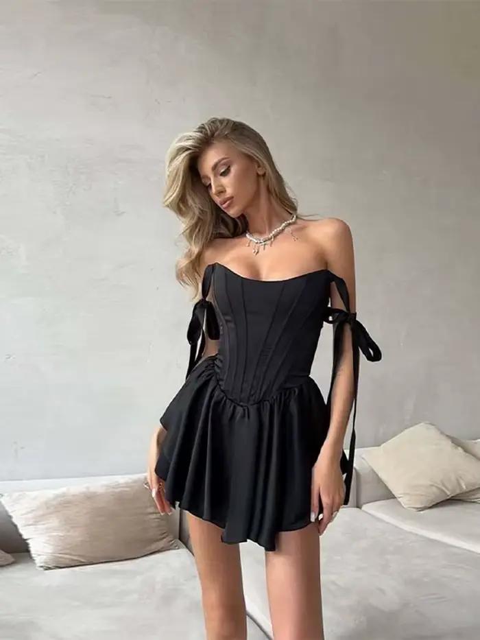 Grand ourlet plissé robes pour femmes élégant mince col rond cravate nœud sans manches Mini robe 2025 été nouvelle dame fête robes de soirée
