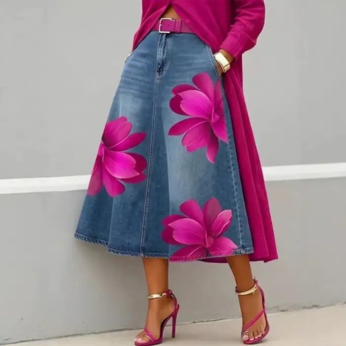 Jupes en jean pour femmes, mi-longues, coupe trapèze, imprimé floral, poches, élégantes, style Y2K, streetwear, décontractées, pour le travail, la plage, délavées, été
