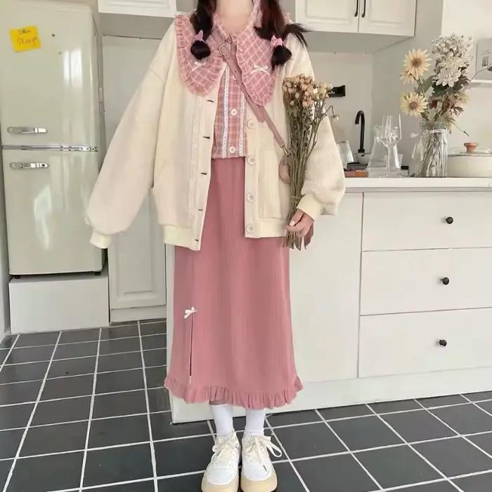 Jupe Estceque Rose Ample Fendue Pour Femmes Junior Style Préppy Occasions Automne Hiver
