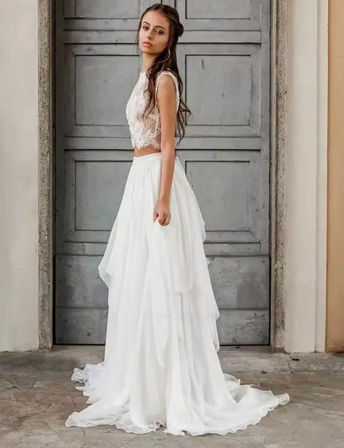 Robe De Mariée Deux Pièces Bohème Dentelle Sexy Jupe Longue En Mousseline Plage Jardin Été Haut Court Sans Manches Traîne Robes De Mariage Élégantes Romantiques Pour Les Mariées Grande Taille Blanches