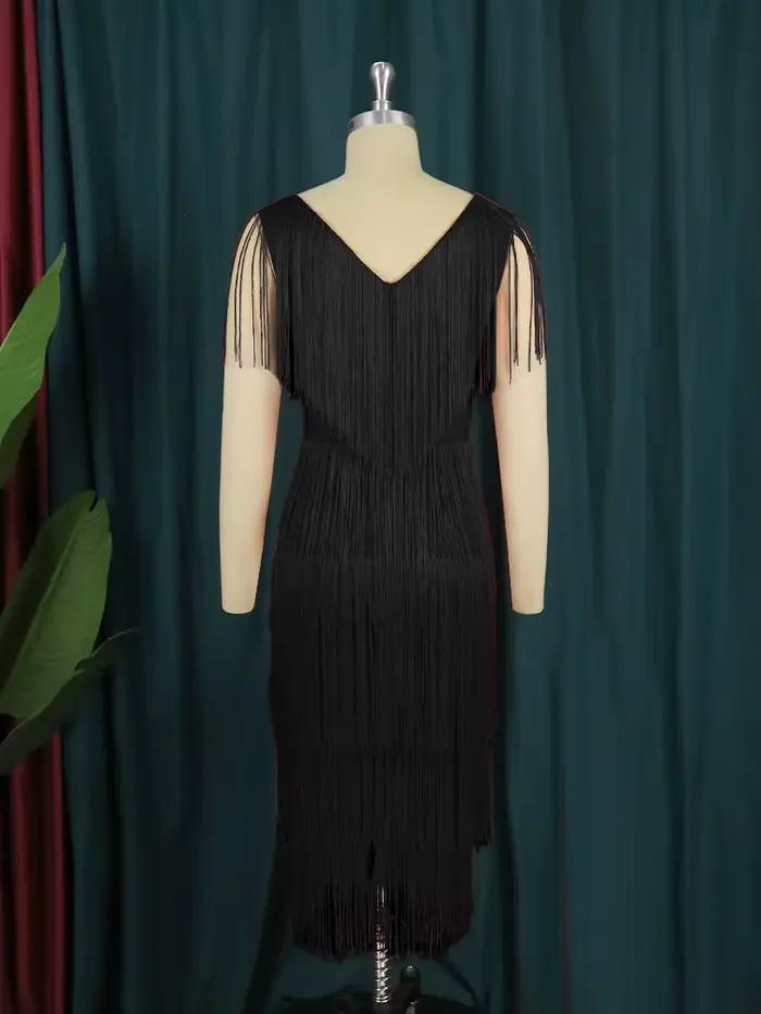 Robes mi-longues à franges jaunes pour femmes, col en V, sans manches, franges superposées, taille haute, longueur aux genoux, robes de soirée et d'événements