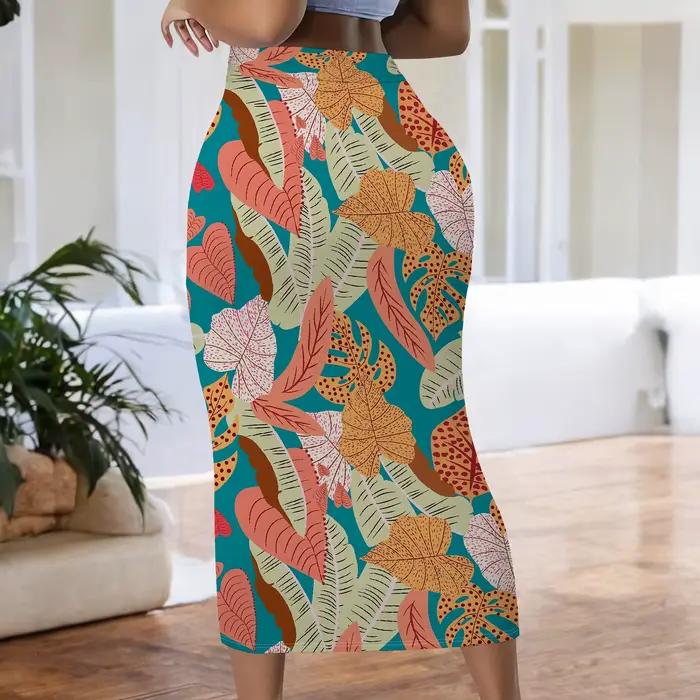 Jupe à imprimé tropical, jupe midi bohème, jupe à motif de feuilles, jupe crayon taille haute, tenue de plage estivale, S-2XL