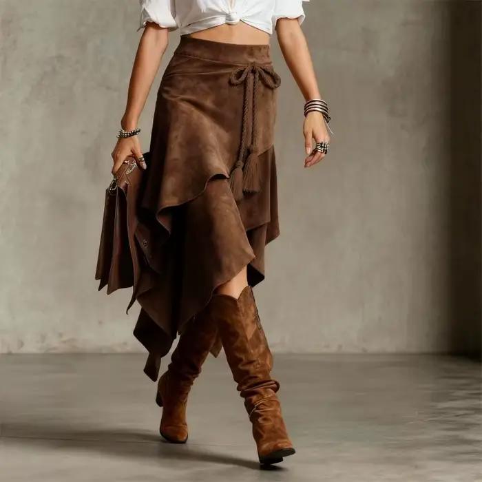 Jupe longue asymétrique vintage en daim pour femme