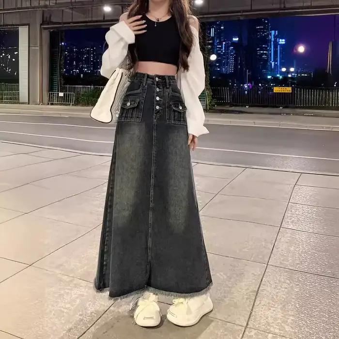 Jupe mi-longue en jean taille haute coupe trapèze pour femme