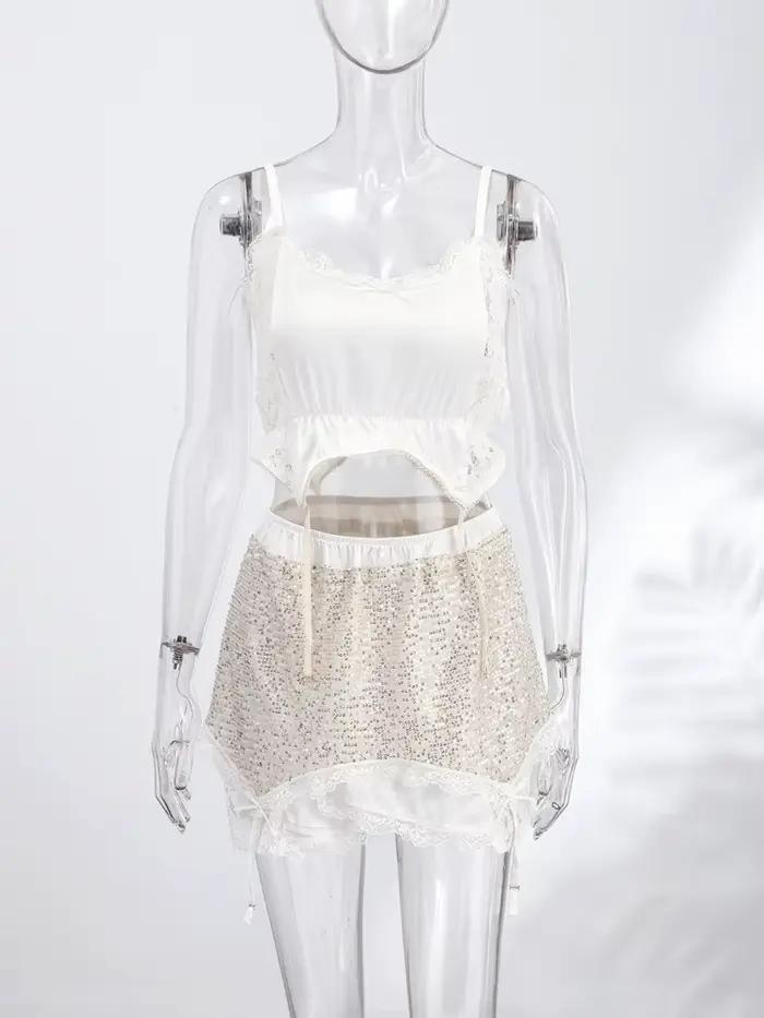 Nouvel ensemble jupe mini à sequins sexy et corset sans manches en dentelle patchwork pour femme