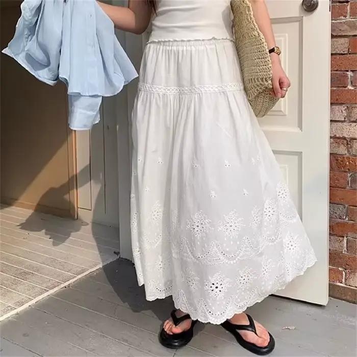 Jupe en coton blanc décontractée pour jeunes filles printemps été 2025 style une ligne ajustement empire longueur mi-mollet a-ligne