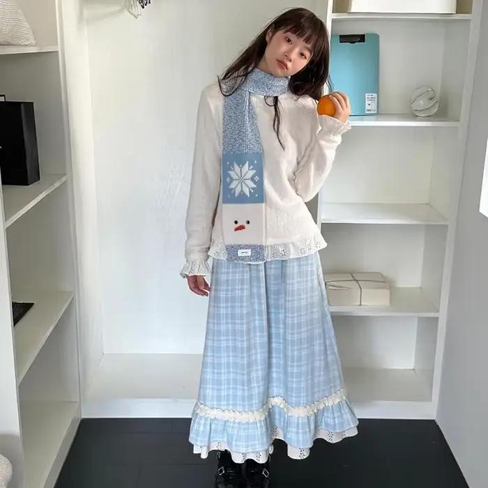 Japonais doux jupe longue femmes automne hiver bleu Plaid Vintage Preppy Patchwork jupes taille haute une ligne ample