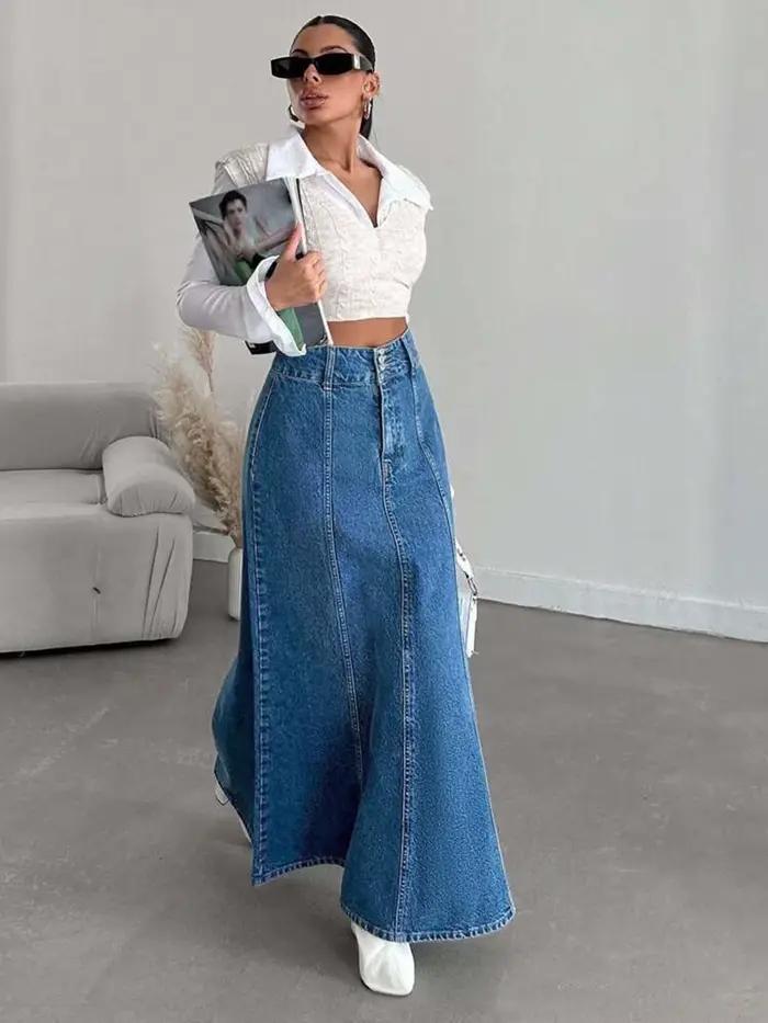 Jupe midi longue en jean pour femme pour les saisons de printemps et d'automne. Convient pour diverses occasions telles