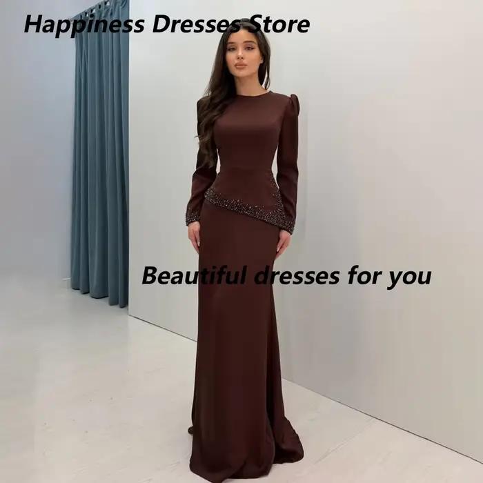 Robe de soirée marron personnalisée, col rond, manches longues, ornée de perles, coupe sirène, longueur ras du sol, robe de soirée formelle élégante pour invitée de mariage