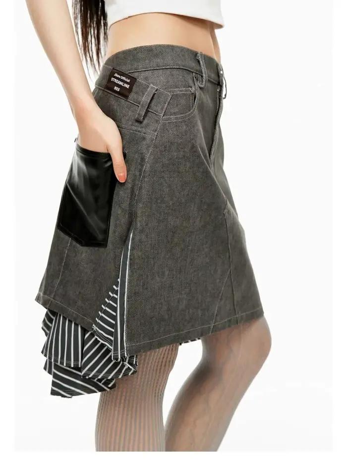 Jupe irrégulière épissée superposée polyvalente, jupe trapèze en jean mi-longue taille haute en détresse pour filles chaudes