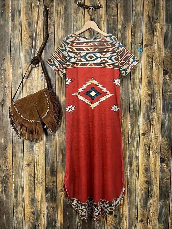 Robe longue tricotée à manches courtes pour femmes, imprimé géométrique, style ethnique décontracté, vacances
