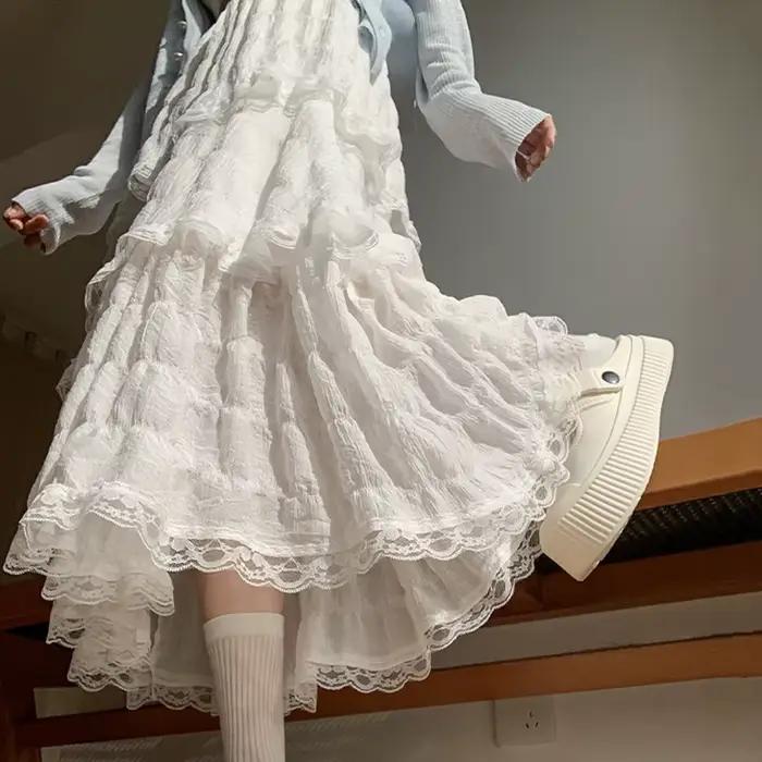 Jupe longue en dentelle à volants douce pour femmes