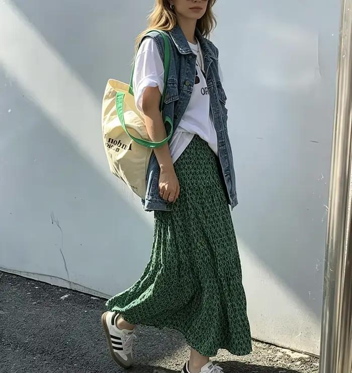 Jupe longue plissée vintage verte à imprimé géométrique pour femme