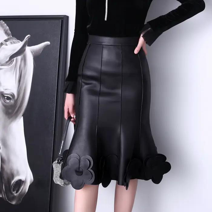 Femmes en cuir véritable Jupe Femme élégant taille haute 3D fleurs noir blanc couleur contraste queue de poisson