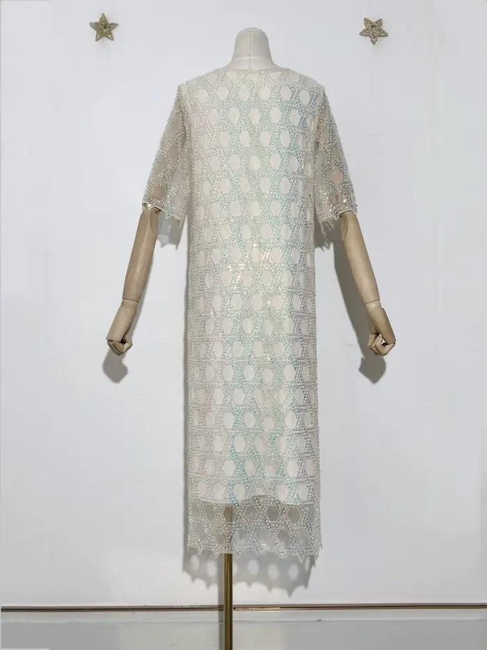 Glamour irisé femmes nouvelle paillettes perle perlée motif géométrique scintillant embelli col rond manches courtes maille robe mi-longue